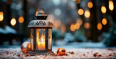 Natale lampada con ardente candela in piedi su fresco neve, sfocato bokeh sfondo - ai generato Immagine foto