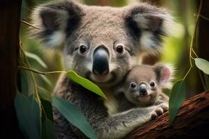 legato nel amore e nutrimento un' koala madre delicatamente azioni eucalipto le foglie con sua adorabile Joey in mezzo lussureggiante australiano foreste foto