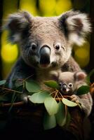 un' commovente catturare di un' koala madre teneramente condivisione eucalipto le foglie con sua adorabile Joey in mezzo lussureggiante australiano foreste foto