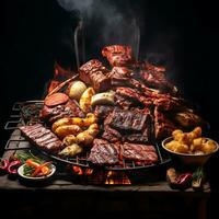 grigliato carne con un' varietà di carni su un' piatto Perfetto aperitivo generato di ai foto