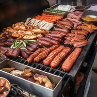 grigliato carne con un' varietà di carni su un' piatto Perfetto aperitivo generato di ai foto