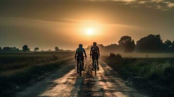 il energia di resistenza, ciclisti su un' tramonto strada - indietro Visualizza ai generato foto