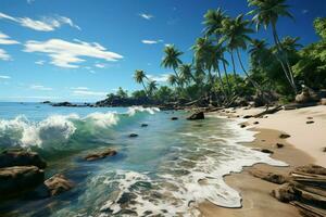 ondeggiante coste palma alberi punto sabbioso spiaggia, offerta ombra e costiero fascino ai generato foto