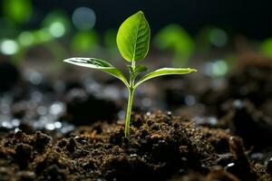 avvicinamento, suolo abbraccia giovane pianta, nature promettere di crescita e vitalità ai generato foto