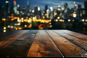paesaggio urbano fascino sfocato cielo, di legno tavolo contro il fascino di ore notturne edifici ai generato foto