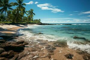 tropicale litorale sabbioso spiaggia incorniciato di grazioso palma alberi sotto blu cieli ai generato foto