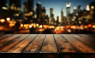 ore notturne urbano scena di legno tavolo contro sfocato città edificio luci nel buio ai generato foto