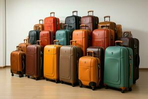 valigia insieme collezione di bagaglio visualizzato contro un' vuoto bianca ambientazione ai generato foto
