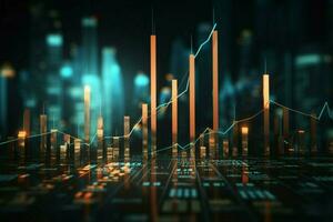 finanza fondale unisce statistiche, candelieri, bar grafico, uptrend freccia per economia tema ai generato foto