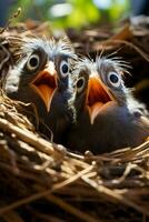 dall'aspetto feroce arrabbiato uccelli ferocemente guardia loro nidi nel un' lussureggiante naturale ambientazione sfondo con vuoto spazio per testo foto