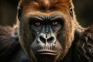 un' avvicinamento foto di un' feroce e intenso gorilla fissando in il distanza sfondo con vuoto spazio per testo