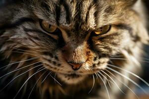 un' avvicinamento foto cattura il intenso sguardo di un' gatto rivelatrice suo interno furia e sfida nel un' domestico ambientazione