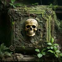 un' Esposto alle intemperie cranio e tibie incrociate appena visibile su un' fatiscente verde facciata suggerimento a un' dimenticato pirata nascondiglio foto