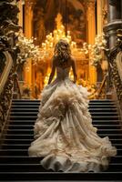 sposa nel un' Vintage ▾ nozze vestito discende un opulento consumato dal tempo dorato scala foto