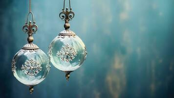 antico bicchiere palla ornamenti baciato con brina sospeso isolato su un' tetro blu per ghiacciato bianca pendenza sfondo foto