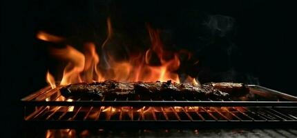 dinamico cucinando Schermo, fiammeggiante griglia crea un' travolgente nero sfondo. ai generato foto
