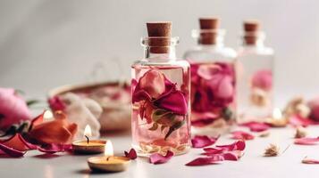 puro biologico essenziale rosa olio concetto elisir rosa fiori candela asciugamano ai generato foto