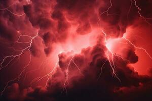 intenso rosso tempesta nuvole elettrificato di drammatico bulloni di fulmine. ai generato foto