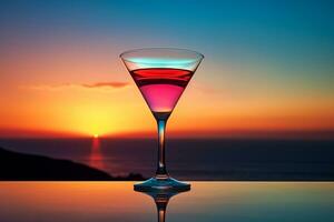 mozzafiato tramonto Visualizza con un' colorato stratificato cocktail bicchiere offerta copia spazio ai generativo foto