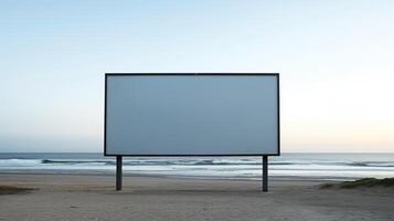 Impressionante Immagine di un' vuoto tabellone telaio su un' desolato spiaggia, infinito pubblicità possibilità ai generativo foto