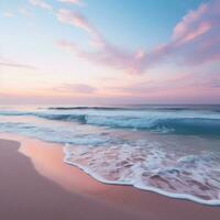 tranquillo spiaggia scena a crepuscolo con morbido tramonto colori mescolanza in cielo per ampio copia spazio ai generativo foto