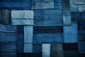 creativo patchwork di denim textures nel vario occhiali da sole di blu, ideale per incentrato sui giovani moda annunci ai generativo foto