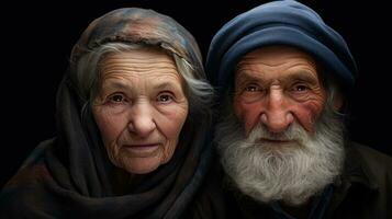 comune ritratto di musulmano anziano coppia marito e moglie 70-90 anni vecchio. vicino su di sorridente facce di vecchio persone nel un' foulard e turbante. madre e padre. nonni. ai generato foto
