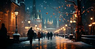notte nevoso Natale Mosca, nuovo anno vacanza, sfocato sfondo - ai generato Immagine foto