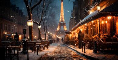 notte nevoso Natale Parigi, nuovo anno vacanza, sfocato sfondo - ai generato Immagine foto