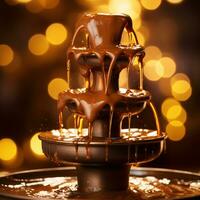 cioccolato Fontana zampillante contro illuminato fondale con sinistra copyspace ai generativo foto