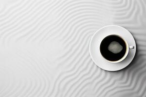 aereo Visualizza di cottura a vapore caffè tazza su geometricamente fantasia superficie con ampio copia spazio ai generativo foto