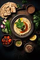 alto intravedere di un' mediterraneo festa hummus Pita pane e Falafel vicino un' tè pentola ai generativo foto