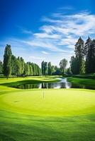 celebrare il radiante bellezza di un' ben mantenuto golf corso sotto un' sognante cielo ai generativo foto