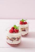 lampone fresco e yogurt con muesli - stile di cibo sano foto