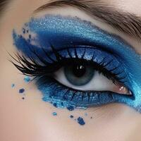 un' donna di occhio con blu trucco e luccica ai generativo foto