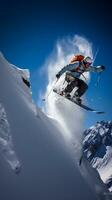 il nevoso lanciare - un' dello sciatore salto di adrenalina e avventura ai generativo foto