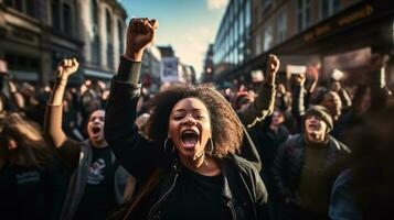 essenza di sociale attivismo con non ritagliato manifestanti in marcia per nero vite importa e LGBTQ diritti ai generativo foto