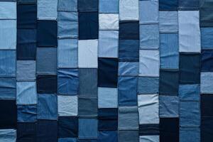 creativo patchwork di denim textures nel vario occhiali da sole di blu, ideale per incentrato sui giovani moda annunci ai generativo foto