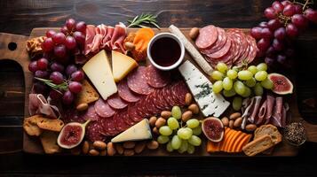 dall'alto al basso Visualizza di un' meravigliosamente disposte salumi tavola con guarito carni, formaggi, frutta e noccioline, il epitome di buongustaio indulgenza ai generativo foto