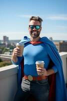 caffè, paesaggio urbano, costume - il casuale mattina di un fuori servizio eroe ai generativo foto