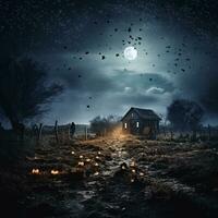 moderno Halloween scena con galleggiante fantasmi, scintillio stelle, e un' croccante luminoso essenza ai generativo foto