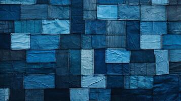 creativo patchwork di denim textures nel vario occhiali da sole di blu, ideale per incentrato sui giovani moda annunci ai generativo foto