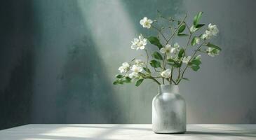 bianca ceramica vaso con fioritura fiori rami nel luce del sole a partire dal finestra su pastello Smeraldo grigio parete, ombra su bianca pavimento per decorazione, lusso cosmetici, cura della pelle, bellezza Prodotto, ai generativo foto