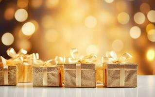d'oro regalo scatole con nastro arco etichetta al di sopra di sfocato bokeh sfondo con luci. Natale arredamento. lampeggiante vacanza sfondo. copia spazio. ai generativo foto