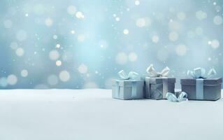 Natale e nuovo anno sfondo - regalo scatole con blu nastro arco etichetta su il neve bokeh sfondo. saluto festivo Immagine con copia spazio. ai generato foto