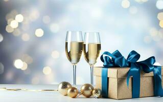 argento regalo scatole con blu nastro arco etichetta e Champagne bicchieri al di sopra di sfocato bokeh sfondo con luci. Natale arredamento. copia spazio. ai generato foto