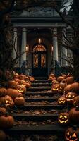 di stagione Magia catturato nel luminosa dettagli di frequentato case, jack-o-lantern, e autunno le foglie ai generativo foto