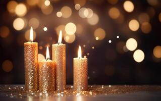 romantico d'oro candele su tavolo con sfocato scintillante bokeh sfondo. Natale luci. ai generativo foto