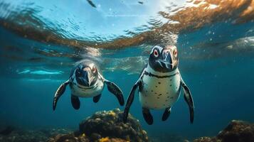 un' coppia pinguini e il incantevole danza di delicato pesce in giro loro. generativo ai foto