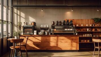Là è un' piccolo caffè negozio con un' lotto di scaffali e sedie. generativo ai. foto